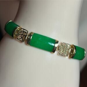 Vintage 585 14K Solid Yellow Gold Green Jade Bar Link Asian-Inspired Bracelet
